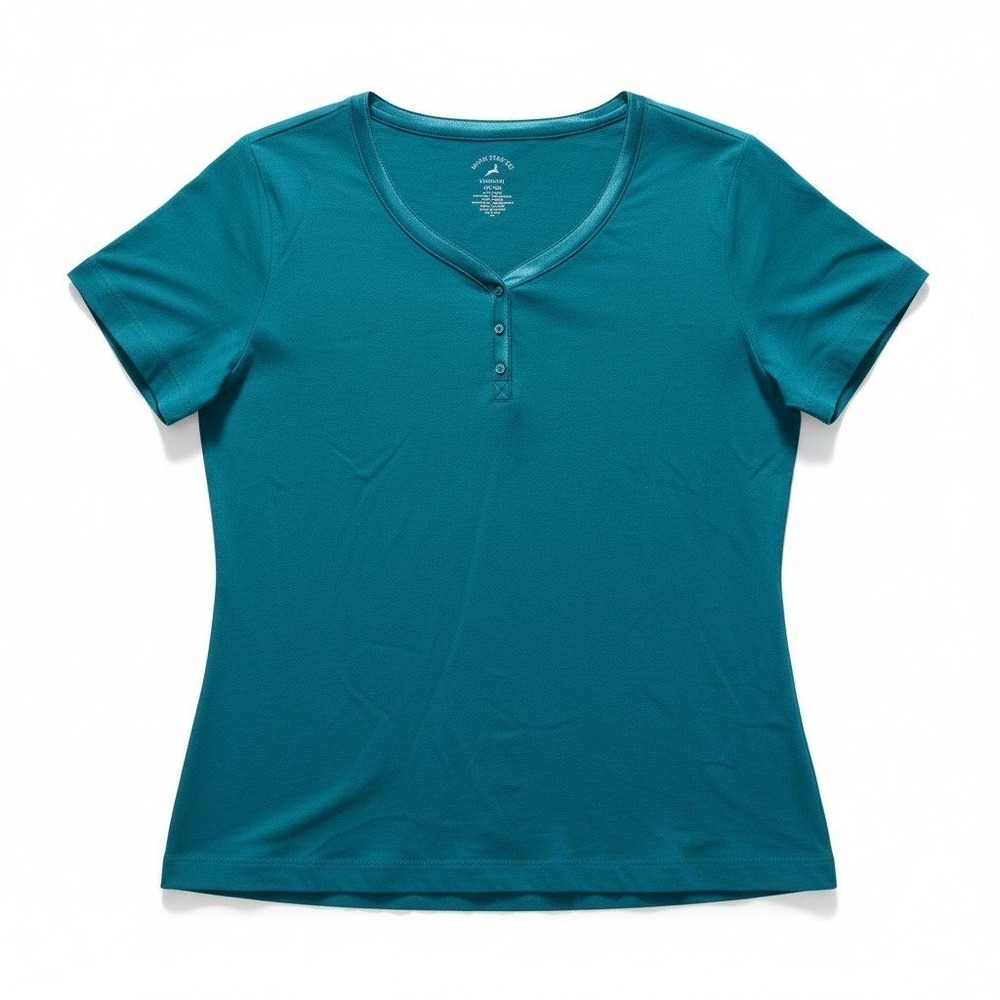 White Stag Tee Woman 1X 16W Galapagos Blue Cotton Henley Satin Trim V-Neck Shirt